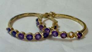 .925 Sterling Silver Purple Amethyst Hinged Hoop Earrings 1" Diameter